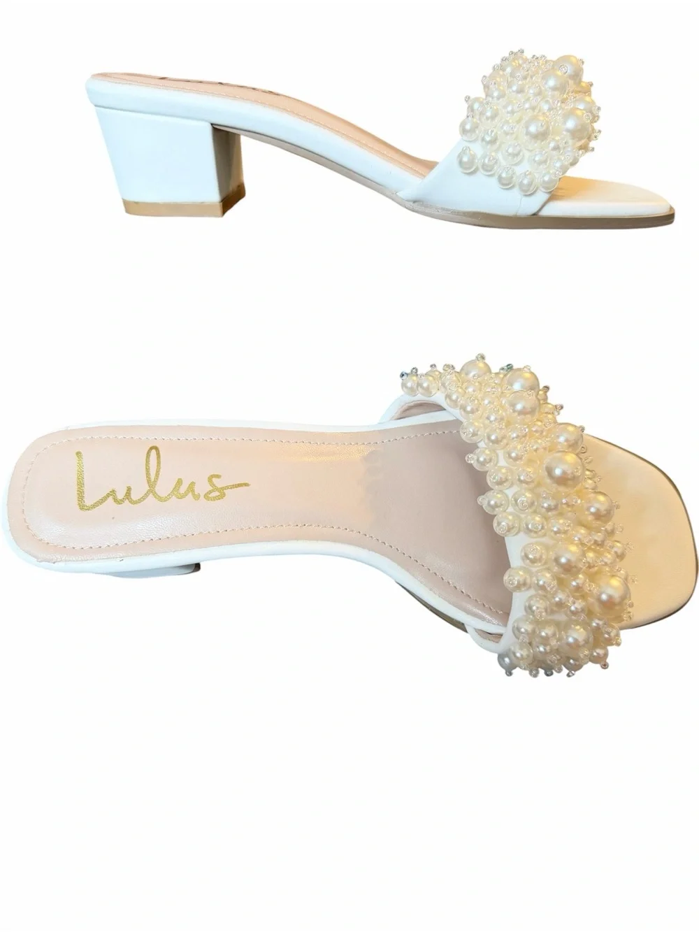 Lulus Adelaide Pearl EmbellishWhite Bridal Heels Size 7.5 NIB Block Heel Sandals - Picture 3 of 5